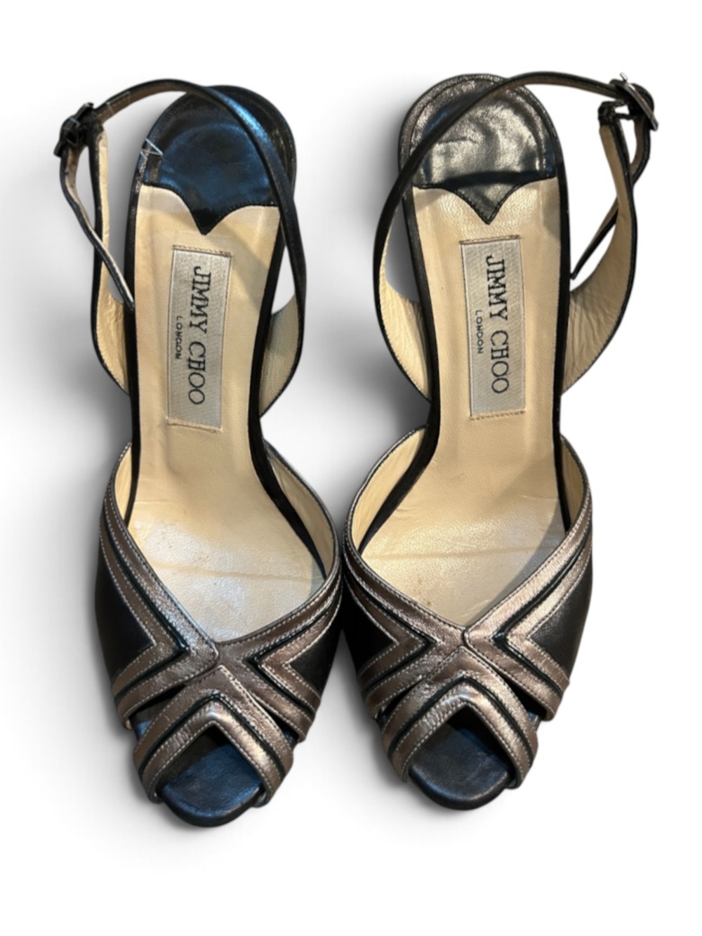 Jimmy Choo Black and Metallic Bronze Peep-Toe Slingback Heels